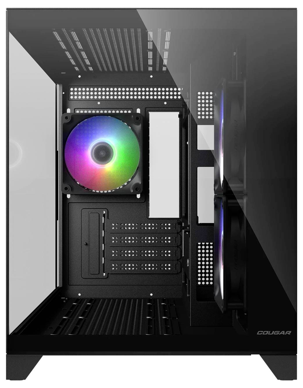 Ein schwarzes Computergehäuse mit einer transparenten Seitenscheibe zeigt interne RGB-Kühlventilatoren und mehrere Steckplätze für Komponenten.
