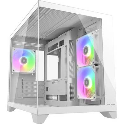 Ein weißes Computergehäuse mit transparentem Seitenpanel, das interne LED-Lüfter zeigt, die in mehreren Farben leuchten.