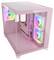 Ein pinker Computergehäuse mit transparenten Seiten- und Deckplatten, ausgestattet mit bunten LED-Lüftern an der Rück- und Vorderseite zur Kühlung und für ein ästhetisches Erscheinungsbild.