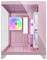 Ein pinker Computergehäuse mit einer transparenten Seitenscheibe, die im Inneren installierte bunte LED-Lüfter zeigt.