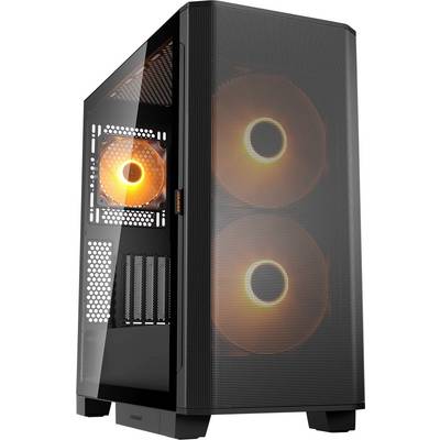 Ein schwarzer Computertower mit orange beleuchteten Kühlventilatoren, die durch ein Maschengitter an der Front und an der Seitenscheibe sichtbar sind und die Innenkomponenten präsentieren.