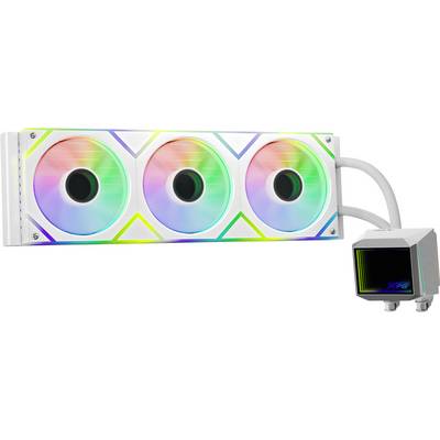 Ein weißer RGB-Flüssigkeitskühler mit drei Lüftern und einem angeschlossenen Pumpenblock, auf dem der Markenname XPG angezeigt wird.