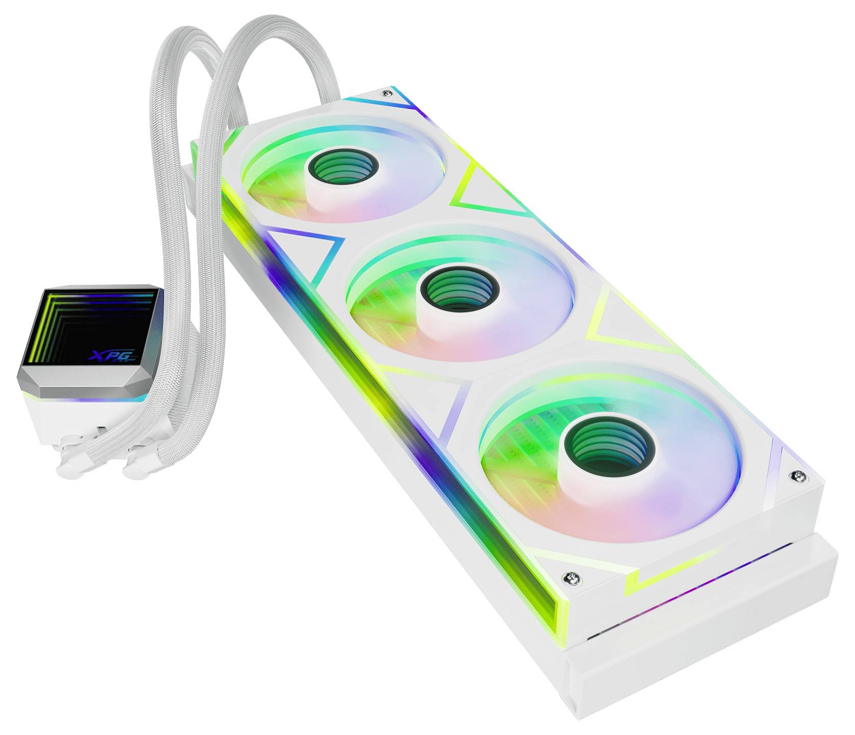 RGB-Flüssigkeitskühlung mit drei Lüftern, ausgestattet mit lebendiger, mehrfarbiger Beleuchtung. Zwei weiße Schläuche verbinden sich mit einer quadratischen Pumpeneinheit mit Markenlogo.