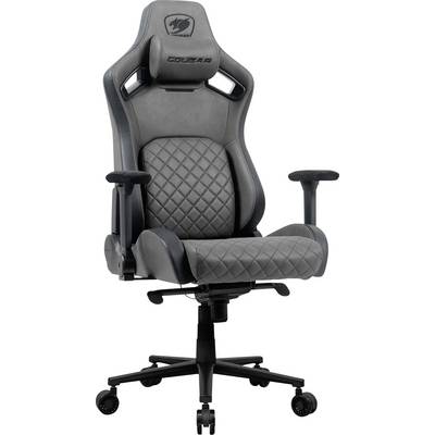 Ein schwarzer und grauer ergonomischer Gaming-Stuhl mit diamantgemusterten Polstern, verstellbaren Armlehnen und einem Fünf-Rollen-Gestell für Mobilität.