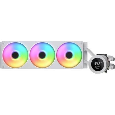 RGB-Flüssigkeitskühlsystem mit drei Lüftern und einem digitalen Display, das Temperaturen von 34,2°C, 24,6°C und 36,8°C anzeigt.