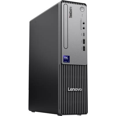 Ein schwarzer Lenovo ThinkCentre Desktop-Tower mit einem Intel Core i5-Aufkleber und nach vorne gerichteten Anschlüssen, einschließlich USB und Audio-Eingängen.