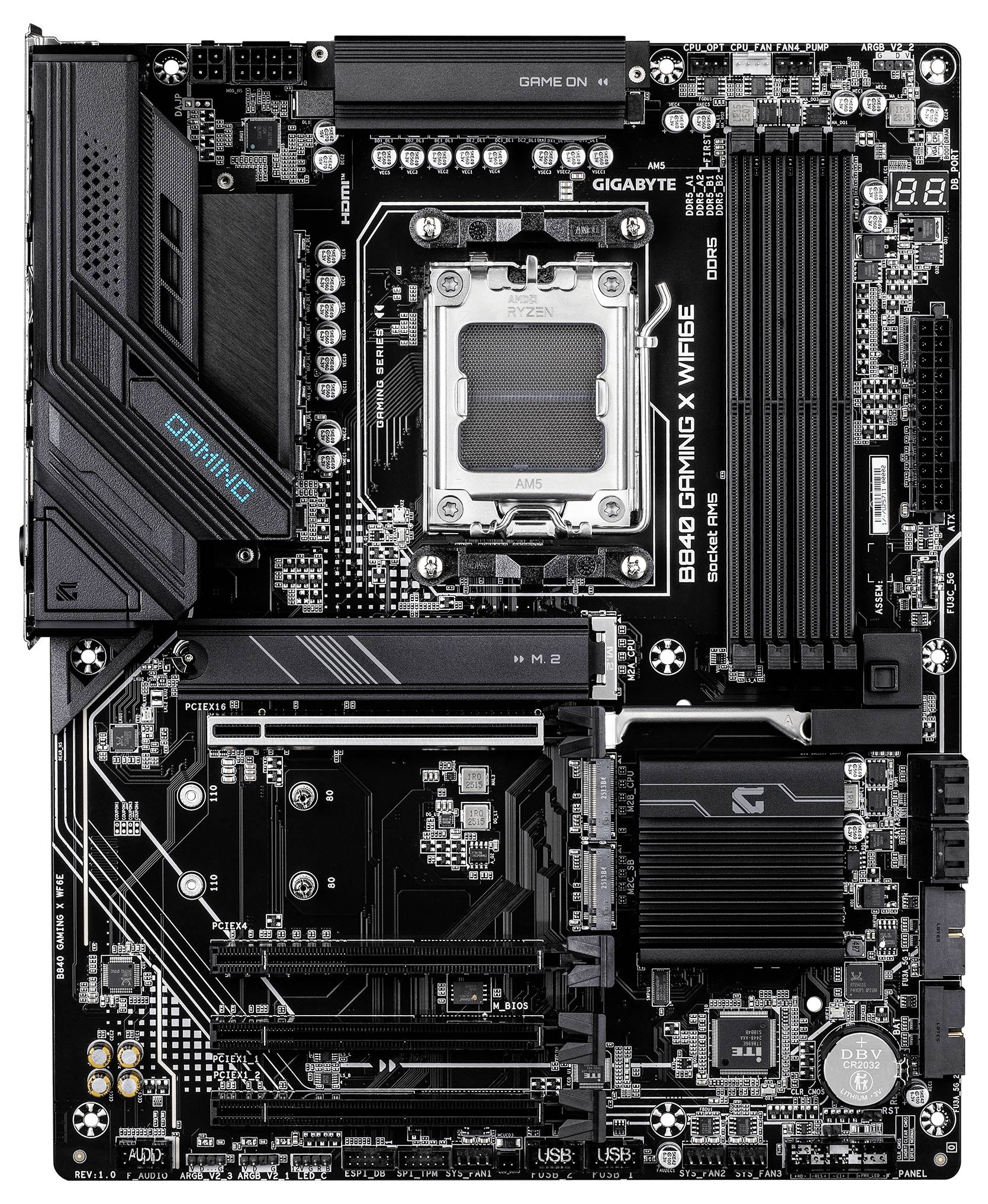 Gigabyte B650 Gaming X WiFi 6 Mainboard mit Hervorhebung des CPU-Sockels, der dualen RAM-Steckplätze, der PCIe-Steckplätze und der integrierten Schaltkreise für Gaming.