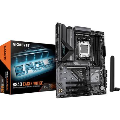 'GIGABYTE B840 Eagle WiFi Mainboard mit Verpackung präsentiert. Kompatibel mit AMD Ryzen CPUs, hervorgehobene Merkmale umfassen WiFi und Gaming-Design.'