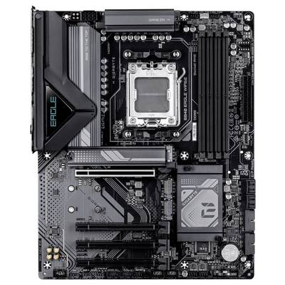 Eine schwarze und silberne Computermotherboard mit verschiedenen Steckplätzen und Anschlüssen, konzipiert für Gaming und High-Performance-Computing.