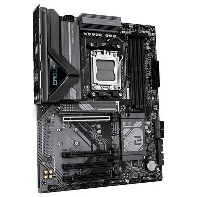 Eine schwarze und graue Computermotherboard mit beschrifteten Steckplätzen für verschiedene Komponenten, einschließlich CPU, RAM und anderen Anschlüssen.