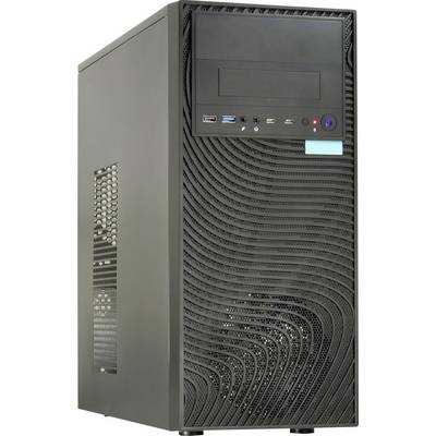 Ein schwarzes Turm-Computergehäuse mit strukturierter Frontplatte, ausgestattet mit USB-Anschlüssen, Audioports, einem Einschaltknopf und einem optischen Laufwerkschacht.