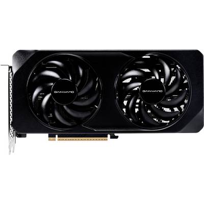 Eine schwarze Grafikkarte mit zwei Kühlventilatoren; Markenlogo 'Gainward' in den Ventilatorenzentren; PCIe-Anschluss am unteren Rand sichtbar.