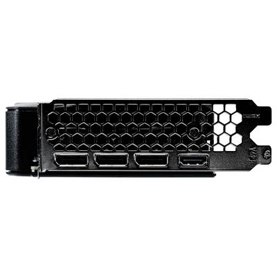Rückansicht einer Computergrafikkarte mit mehreren HDMI- und DisplayPort-Anschlüssen und einem Wabengitterbelüftungssystem zur Kühlung.