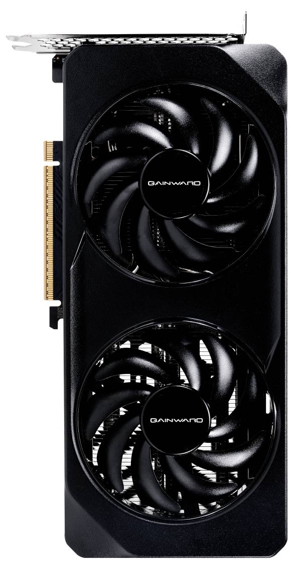 Eine schwarze Grafikkarte mit zwei großen Kühlventilatoren, sichtbares Seitenprofil mit Anschlussports am Rand, Markenname auf den Ventilatormitten.