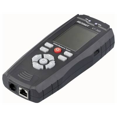 Ein tragbarer Kabelnetzwerk-Tester mit verschiedenen Tasten, die mit „Tone" (Ton), „ID" und „Detail" gekennzeichnet sind. Zwei Ethernet-Anschlüsse sind unten sichtbar.