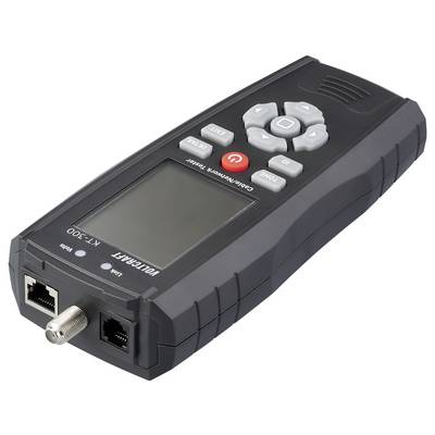 Kabel-/Netzwerk-Testgerät mit Tasten, kleinem Bildschirm und Anschlüssen zum Anschließen von Kabeln, das zur Diagnose von Konnektivitätsproblemen verwendet wird.