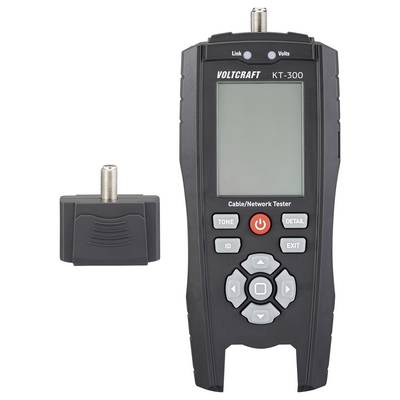 Ein Voltcraft KT-300 Kabel-/Netzwerktester mit einem kleinen separierten Komponententeil daneben. Das Testgerät zeigt Optionen wie "Ton", "Detail" und "Beenden" an.