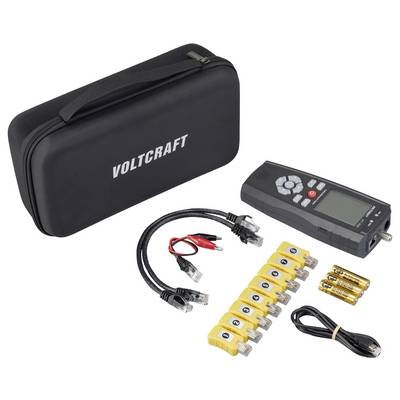'Voltcraft' Koffer mit einem Kabeltester, Netzwerktestern, Kabeln und Batterien, angeordnet zur einfachen Erkennung und Verwendung.