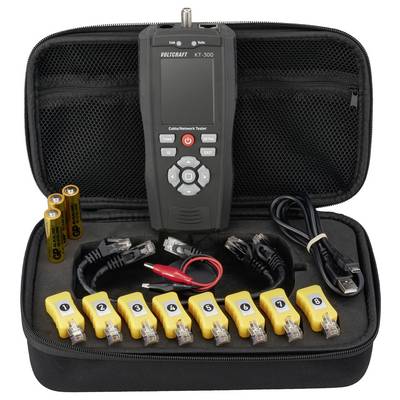Netzwerkkabel-Testgerät-Set in einem schwarzen Koffer, bestehend aus einem Hauptgerät, acht gelben Steckverbindern, USB-Kabel, zwei Batterien und Kabeln.