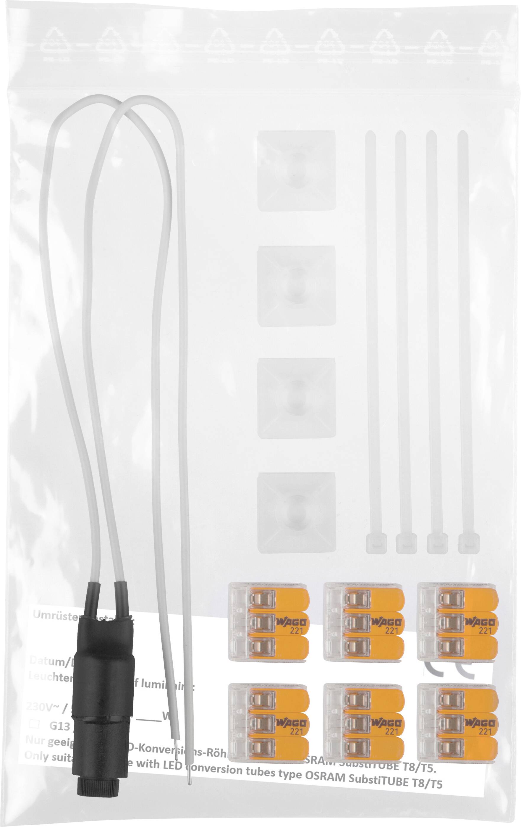 Plastiktüte mit einem Kabelsatz, der ein schwarzes Anschlussende und mehrere orangefarbene Anschlüsse enthält, geeignet für elektrische Installationen.