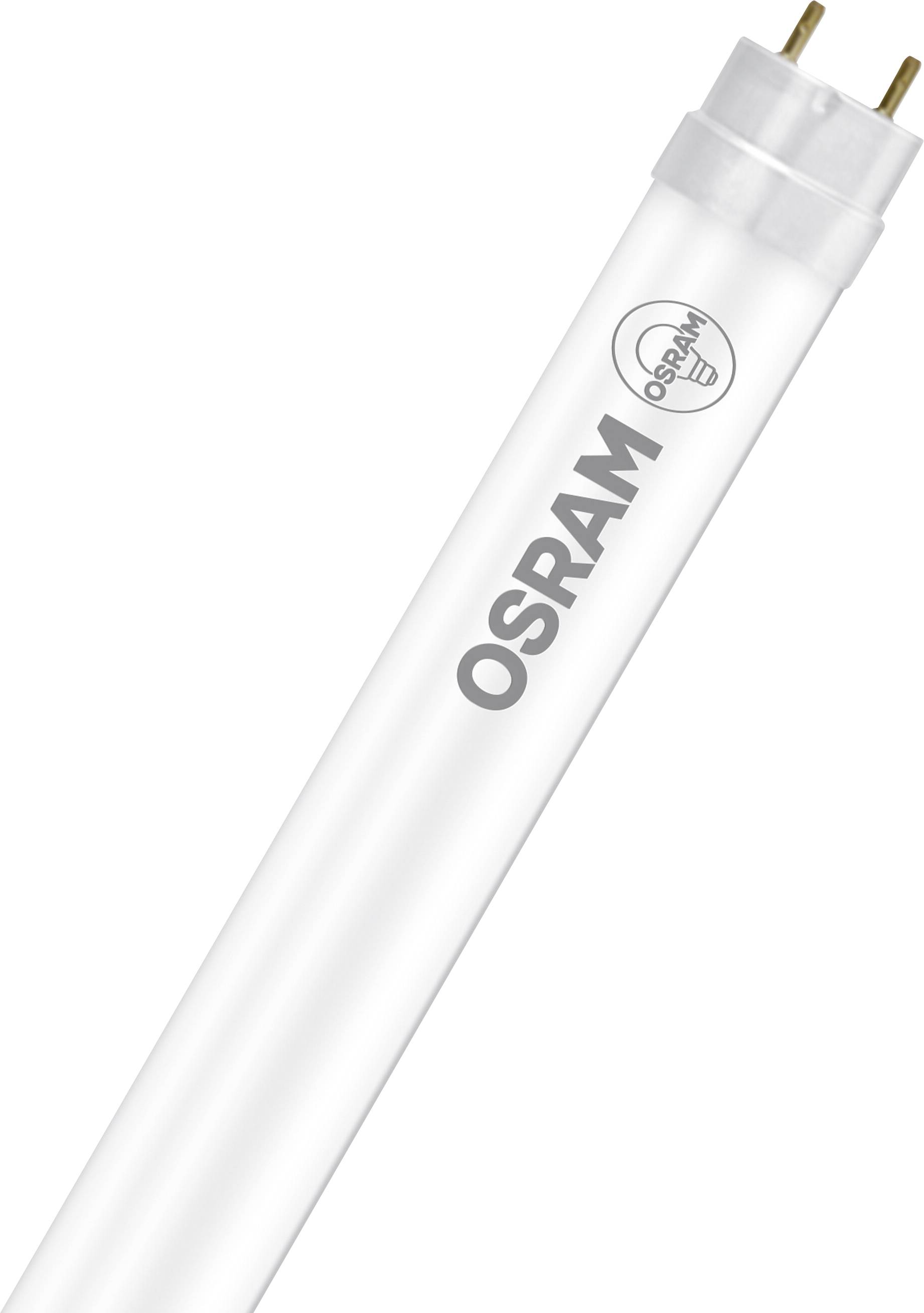 OSRAM Leuchtstoffröhre, weiß mit Metallstiften, diagonal auf einem neutralen Hintergrund liegend.