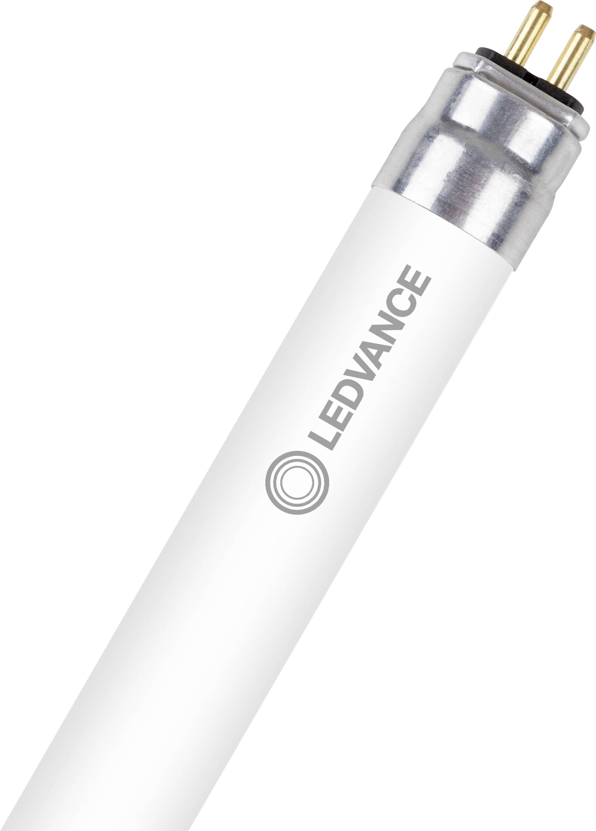 Eine LED-Röhrenlampe mit der Markenbezeichnung 'LEDVANCE', die den Metallkopf und die beiden Stifte an einem Ende für den elektrischen Anschluss zeigt.