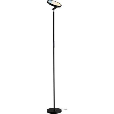 Hohe, schwarze Stehlampe mit einer runden Basis und einem verstellbaren Kopf, die weiches, warmes Licht ausstrahlt.