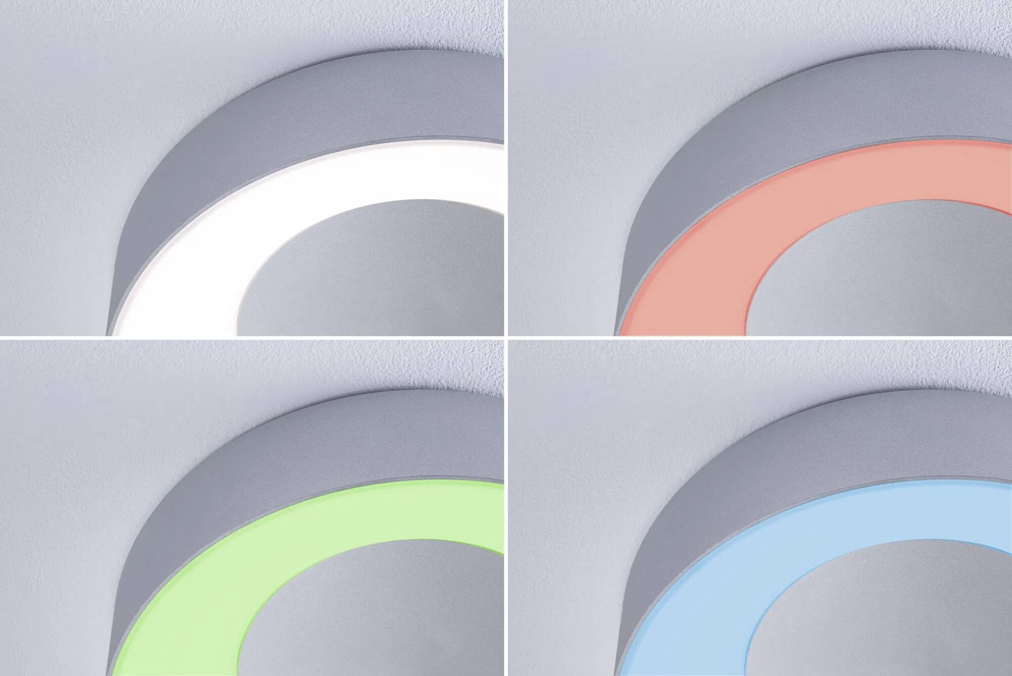 Vier Bilder einer kreisförmigen LED-Deckenleuchte, die jeweils verschiedene Farben zeigen: Weiß, Rot, Grün und Blau.