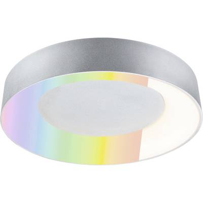 Eine kreisförmige Deckenleuchte mit metallischem Rand weist auf der Unterseite einen regenbogenfarbenen Verlauf auf, der einen subtilen Spektraleffekt erzeugt.