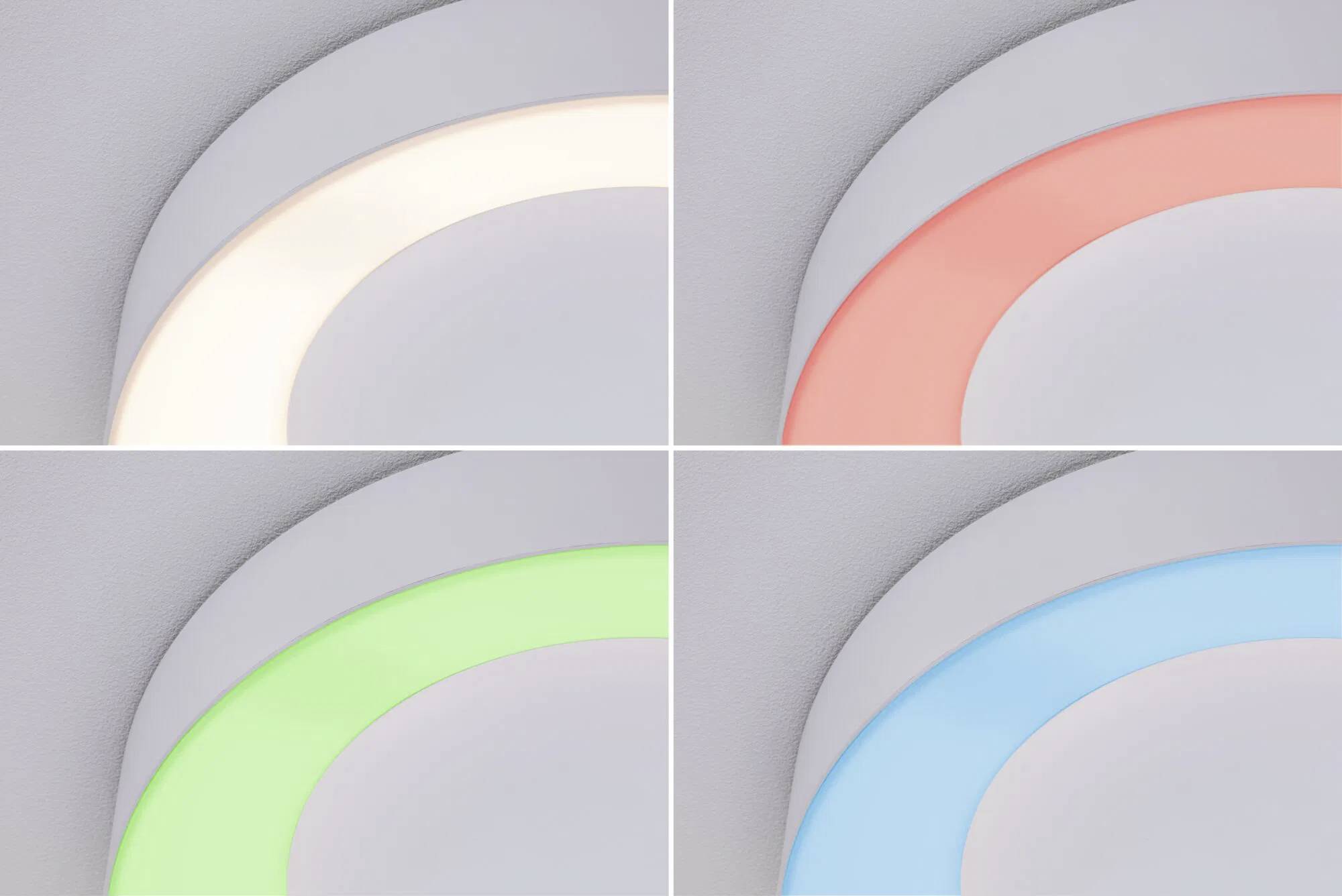 Vier Deckenleuchten in verschiedenen Farben: Weiß, Rosa, Grün und Blau. Jede Leuchte wird in einer separaten Quadranten in Nahaufnahme gezeigt.