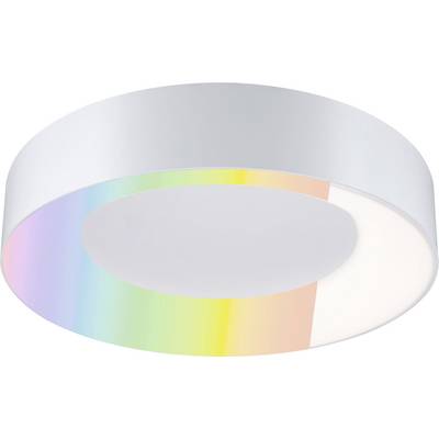 Eine kreisförmige Deckenleuchte mit elegantem weißem Design und einem Regenbogen-Farbverlauf-Akzent auf einer Seite.