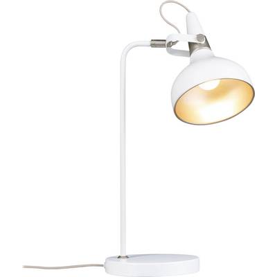 Eine weiße Schreibtischlampe mit rundem Fuß und verstellbarem Arm, ausgestattet mit einer Metallklemme und einer warmweißen Glühbirne, geeignet zum Lesen oder Arbeiten.