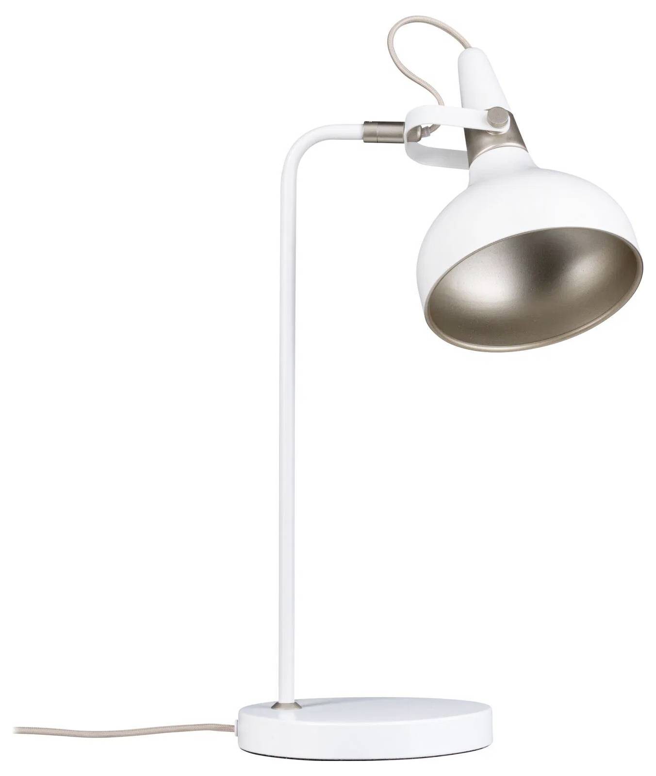 Eine weiße, moderne Schreibtischlampe mit rundem Fuß und verstellbarem Metallschirm, konzipiert für gezielte Beleuchtung.