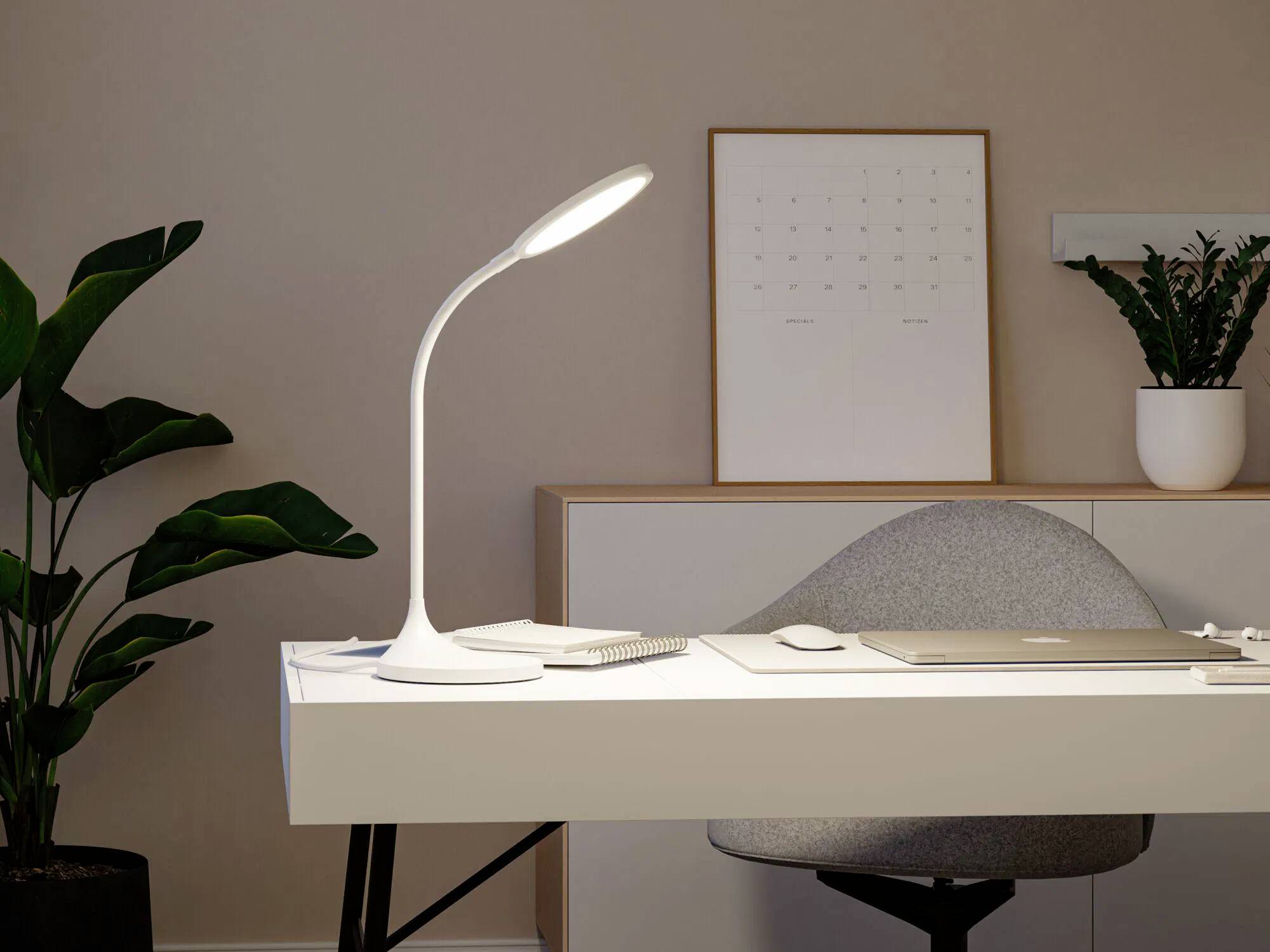 Ein modernes Schreibtisch-Setup mit einer eleganten weißen Lampe, einem offenen Laptop, einem Notizbuch und Pflanzen, die eine minimalistisch-ruhige Arbeitsplatzatmosphäre schaffen.