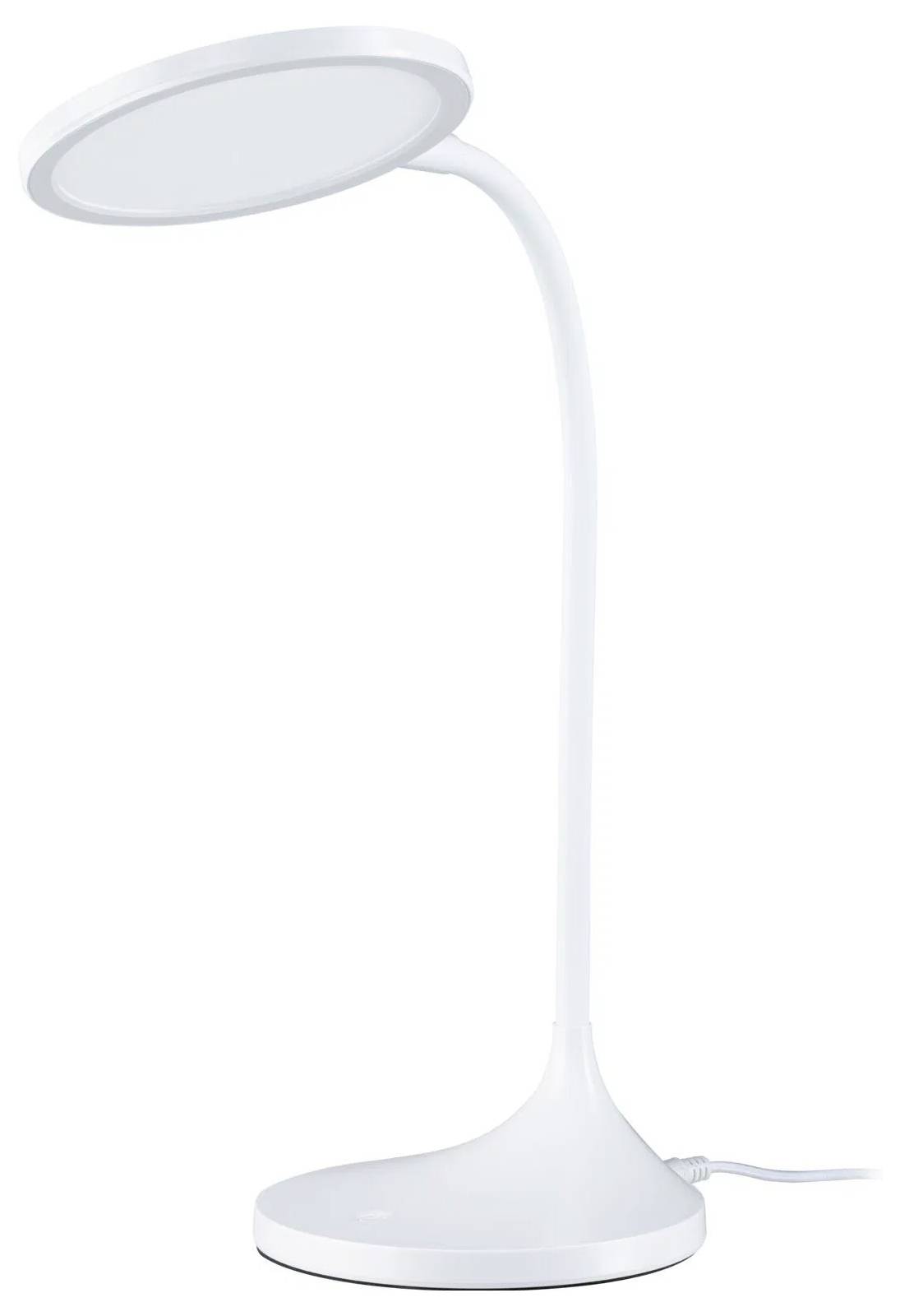 Eine elegante, moderne weiße Schreibtischlampe mit rundem Kopf und flexiblem Hals, entwickelt für gezielte Beleuchtung an Arbeitsplätzen.