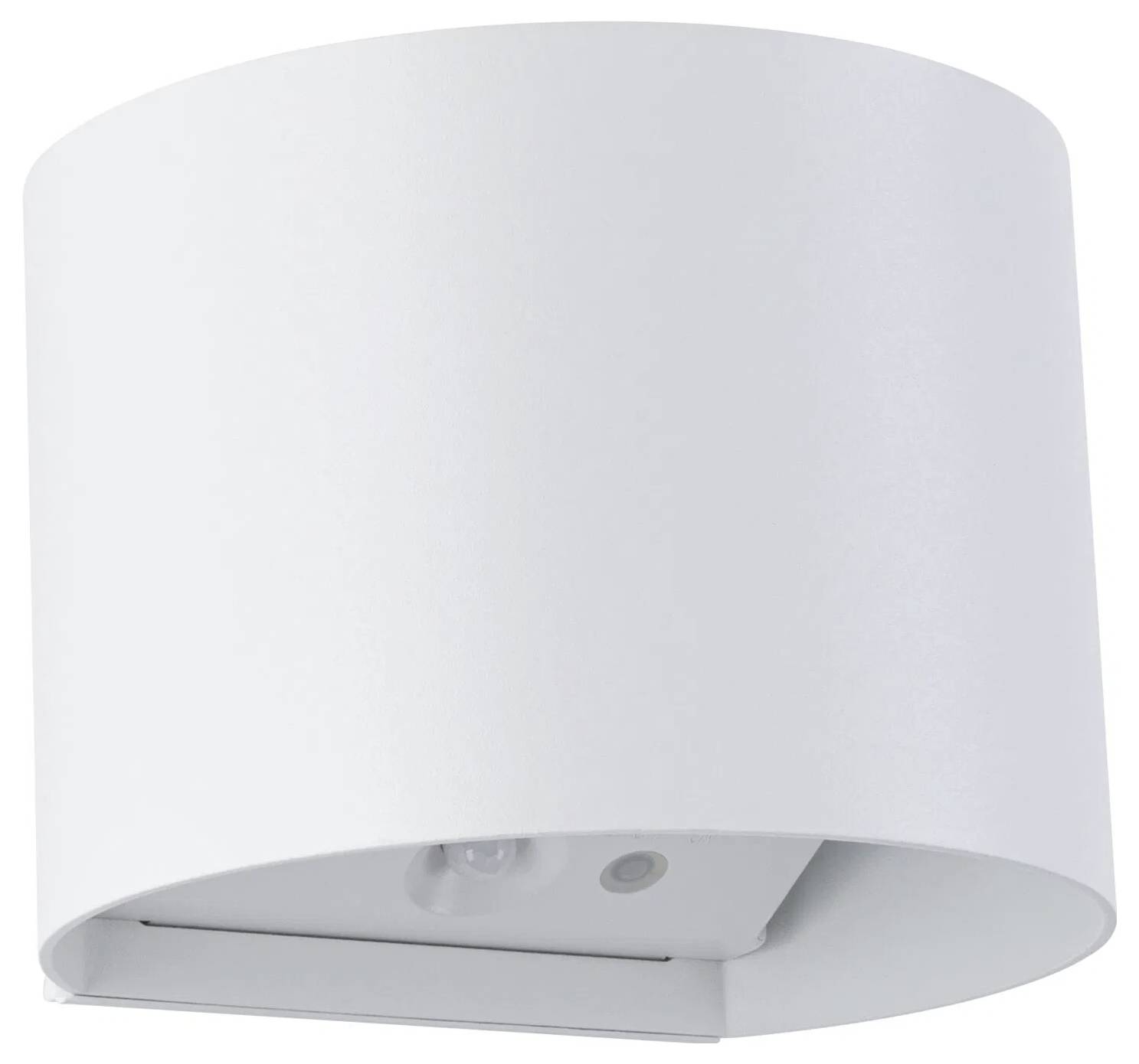 Eine weiße, zylindrische moderne Wandleuchte mit offener Ober- und Unterseite, die darauf ausgelegt ist, Licht nach oben und unten zu emittieren.