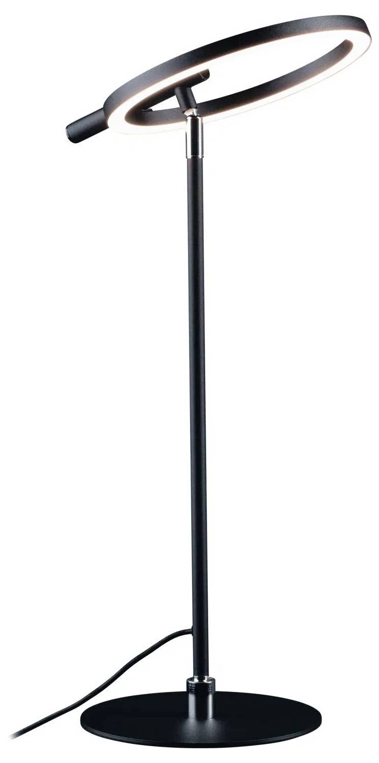 Eine moderne schwarze Stehlampe mit einem kreisförmigen LED-Lichtring und einem schlanken Ständer auf einer runden Basis.