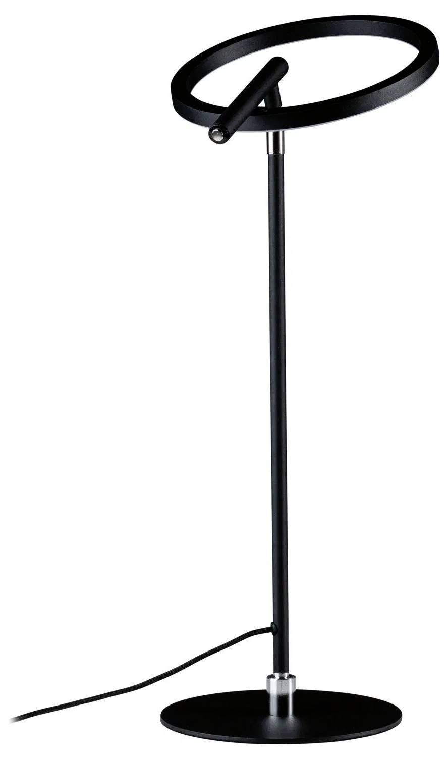 Eine elegante, moderne schwarze Stehlampe mit einer kreisförmigen Leuchte und einem geraden Ständer, eingesteckt und einsatzbereit.