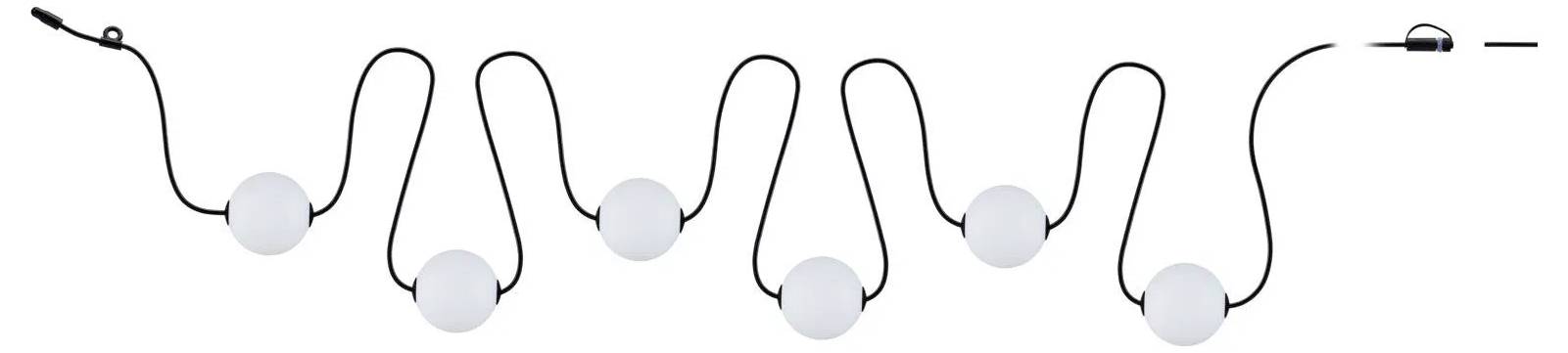 Eine Reihe runder, weißer Lichter, die durch schwarze Kabel miteinander verbunden sind und in einer Schleifenform angeordnet sind.