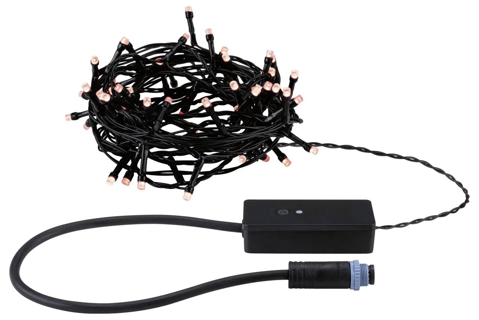 Eine aufgewickelte Lichterkette aus LED-Leuchten mit einem schwarzen Kabel und Steuerbox, die rosafarbene Birnen aufweist und für festliche oder dekorative Zwecke konzipiert ist.