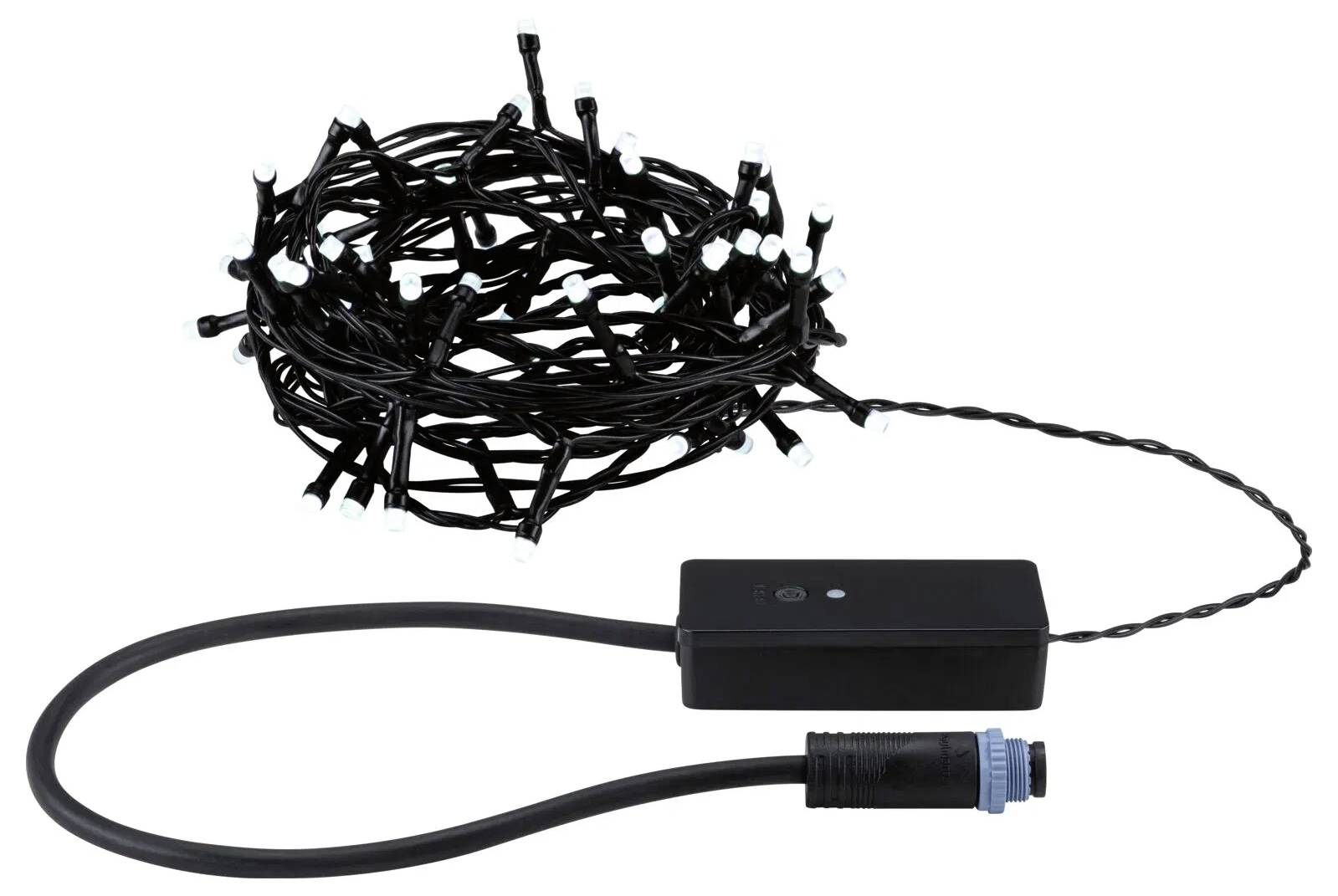 Eine aufgewickelte Schnur aus schwarzem Draht mit kleinen weißen LED-Lichtern, die an einen schwarzen Steuerungskasten mit einem blauen Anschluss an einem Kabel angeschlossen ist.