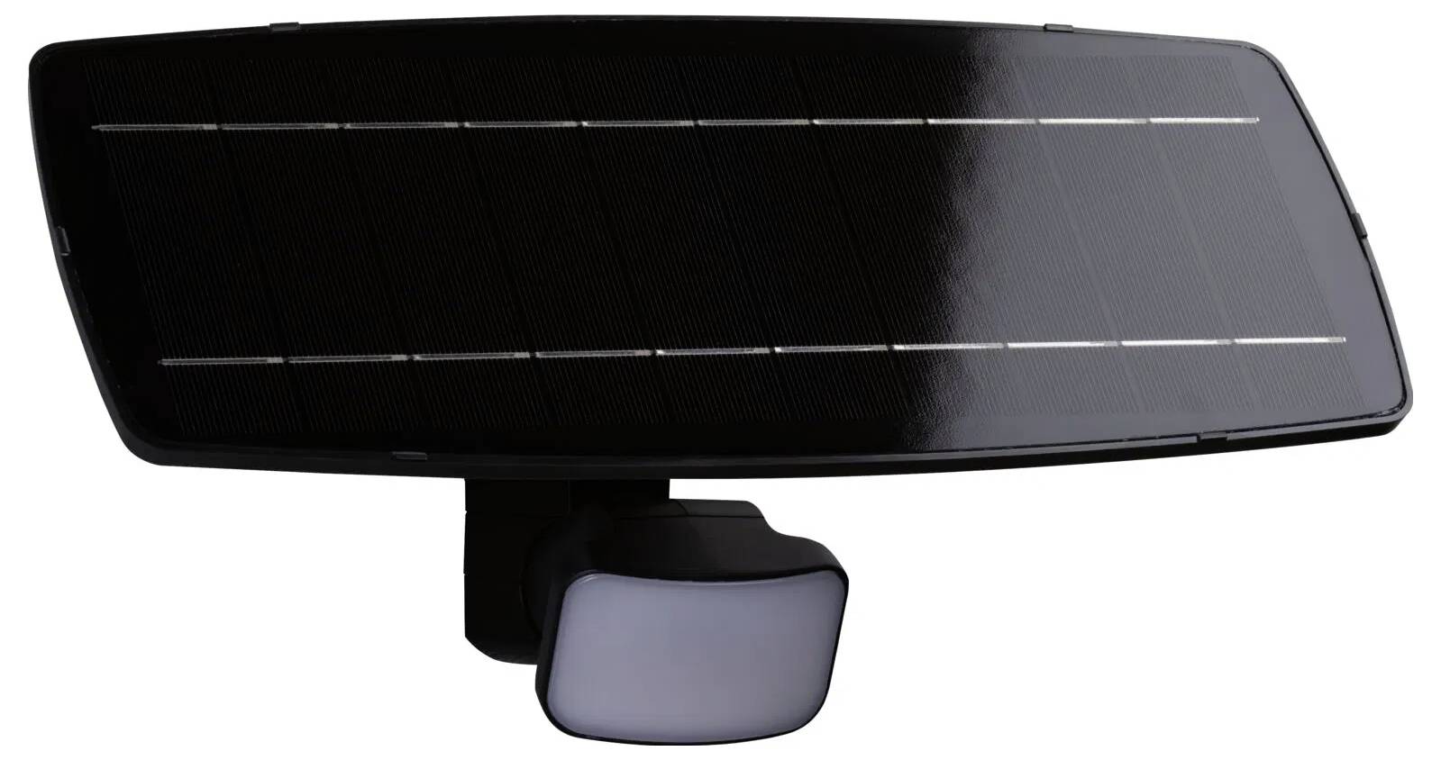 Eine elegante, solarbetriebene Außenleuchte mit einem breiten, rechteckigen Solarpanel auf der Oberseite und einem Bewegungssensor darunter, konzipiert für energieeffiziente Beleuchtung.