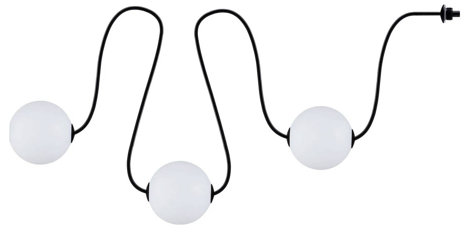 Drei weiße sphärische Glühbirnen, die durch ein gewelltes schwarzes Kabel miteinander verbunden sind und in einem Stecker enden, ähnlich modernen Lichterketten.