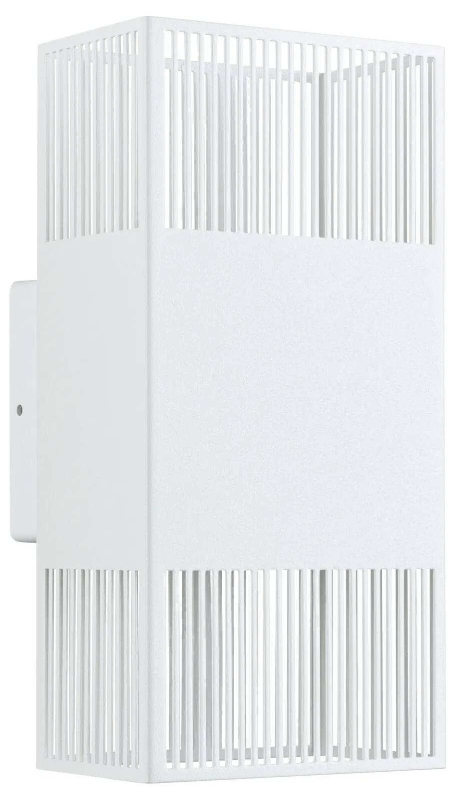 Eine moderne, weiße Wandleuchte mit vertikalen Lamellen für gestalterische Details und Lichtdiffusion.