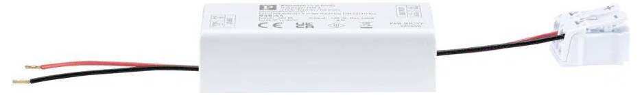 Eine rechteckige elektronische Komponente mit Drähten, die an beiden Enden herausragen, die für elektrische Anwendungen verwendet wird. Text und Zertifizierungszeichen sind sichtbar.