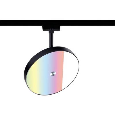 Eine kreisförmige Deckenleuchte mit schwarzem Rahmen zeigt auf ihrer Oberfläche einen lebendigen Regenbogengradienten und ist an einem schwarzen Schienensystem befestigt.
