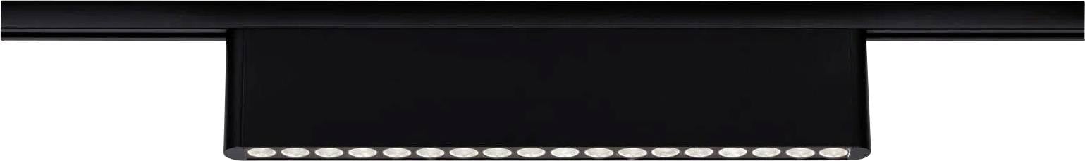Eine schwarze rechteckige LED-Schienenleuchteinheit mit mehreren kleinen kreisförmigen Leuchten in einer Reihe, konzipiert für moderne Innenbeleuchtung.