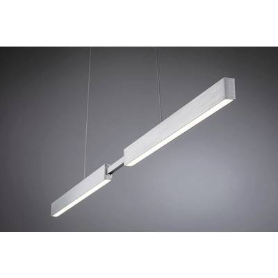 Eine moderne, minimalistische Pendelleuchte mit zwei parallelen linearen LED-Balken, die an dünnen Kabeln vor einem grauen Hintergrund hängen.