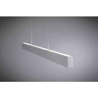 Eine moderne, rechteckige Pendelleuchte mit elegantem Design hängt vor einem schlichten grauen Hintergrund und verbreitet ein sanftes Leuchten.