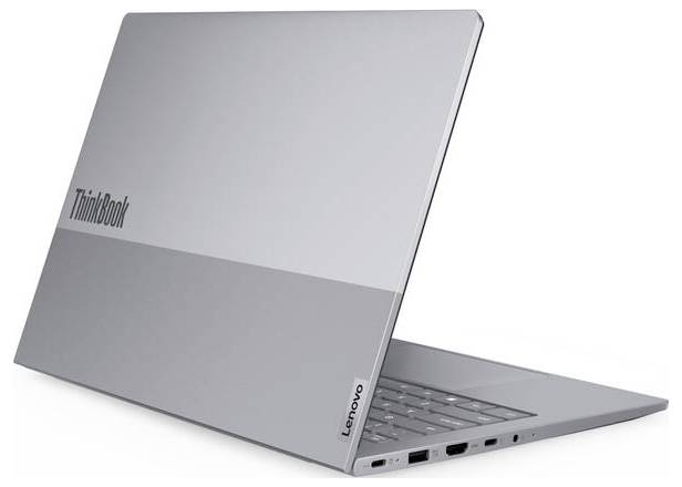 Ein silberner Laptop der Marke Lenovo ThinkBook, leicht geöffnet, zeigt die Anschlüsse an der Seite.